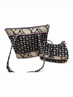 Vera Bradley Black Tote and Crossbody Set with Pink & Green Paisley